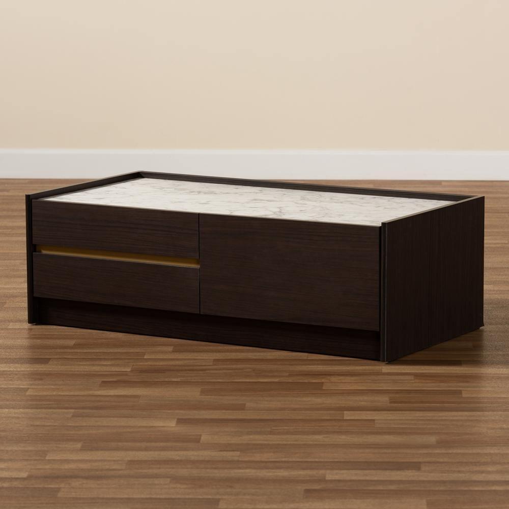 Walker Modern and Contemporary Dark Brown and Gold Finished Wood Coffee Table with Faux Marble Top FredCo
