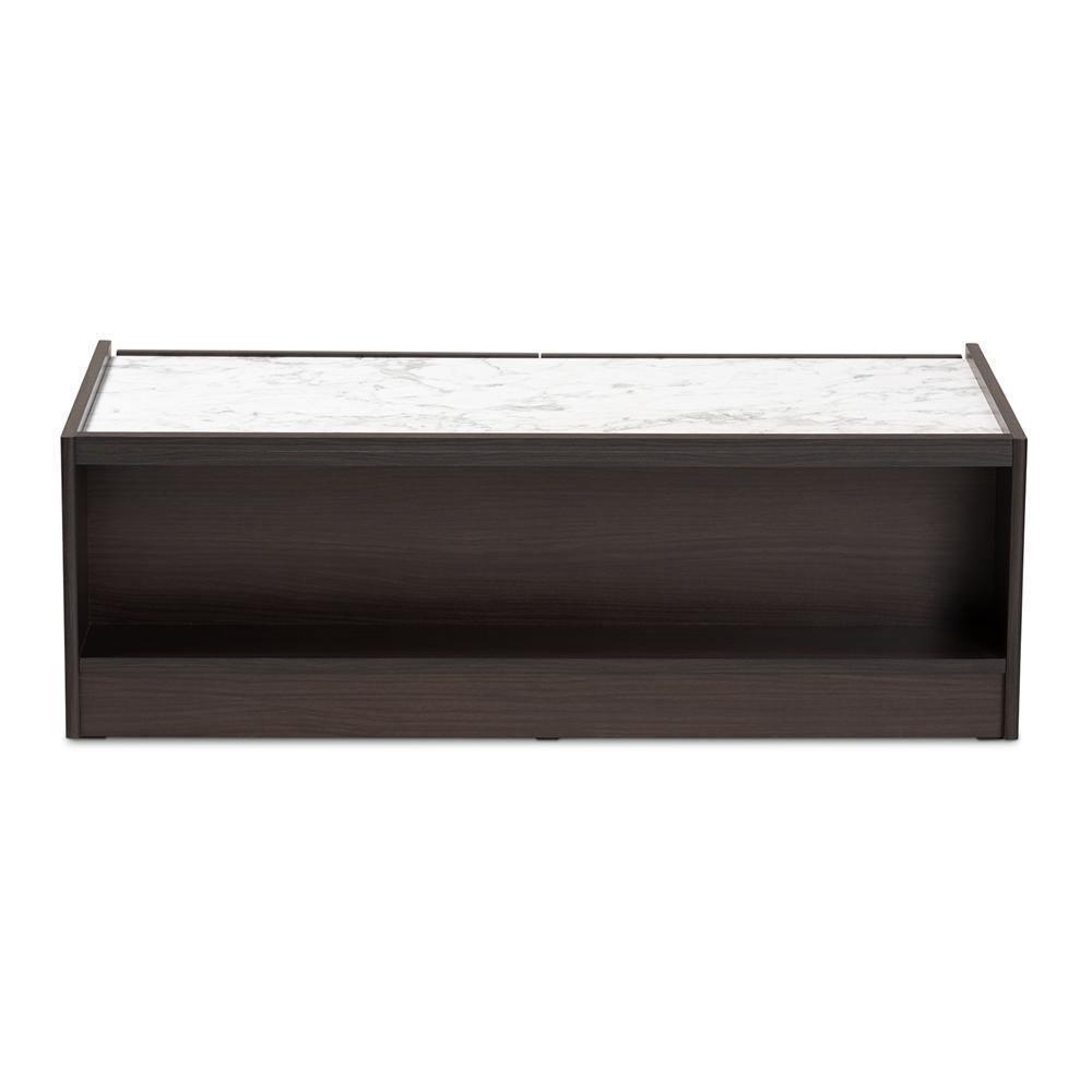 Walker Modern and Contemporary Dark Brown and Gold Finished Wood Coffee Table with Faux Marble Top FredCo