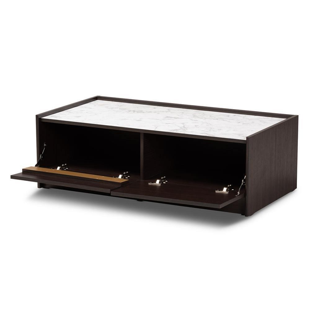 Walker Modern and Contemporary Dark Brown and Gold Finished Wood Coffee Table with Faux Marble Top FredCo