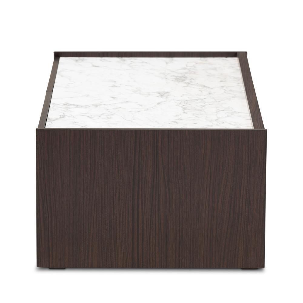 Walker Modern and Contemporary Dark Brown and Gold Finished Wood Coffee Table with Faux Marble Top FredCo