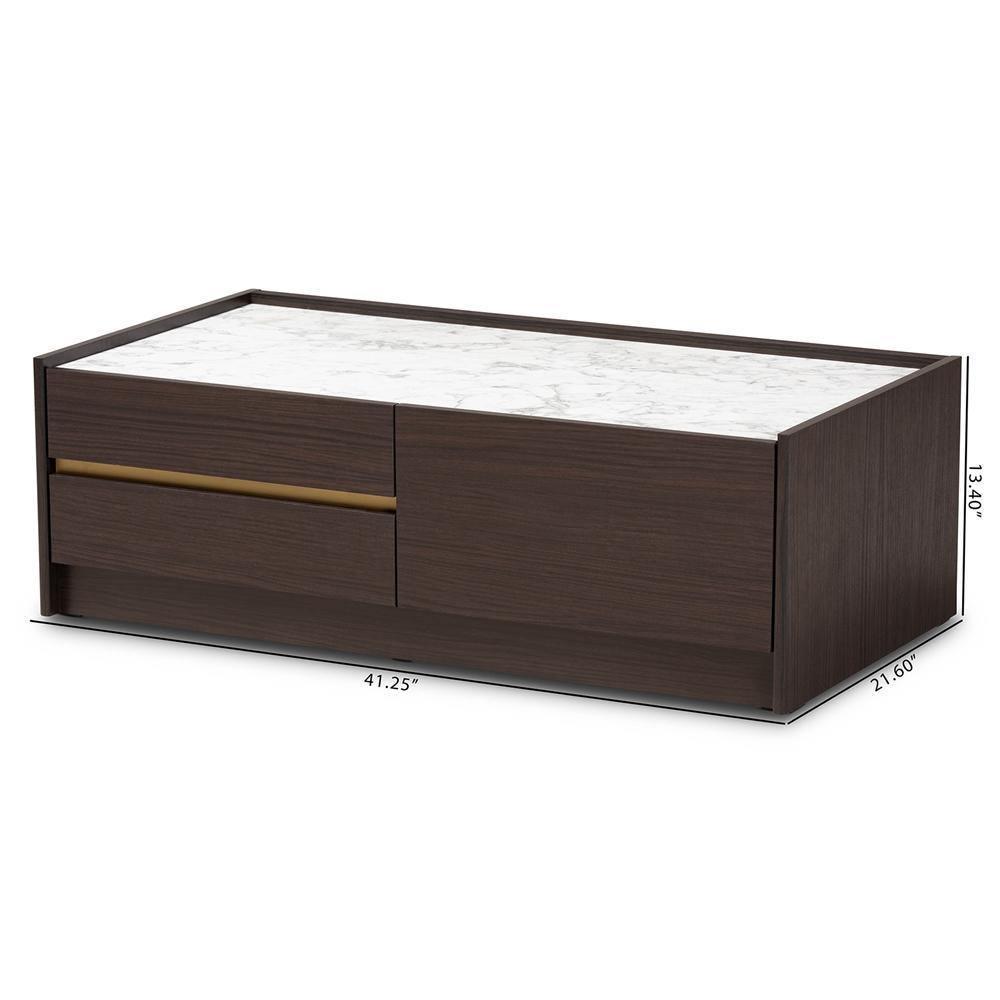 Walker Modern and Contemporary Dark Brown and Gold Finished Wood Coffee Table with Faux Marble Top FredCo