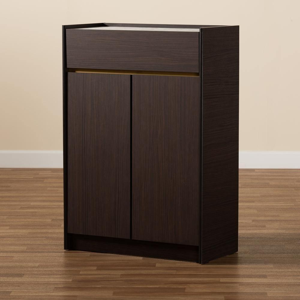 Walker Modern and Contemporary Dark Brown and Gold Finished Wood Shoe Cabinet with Faux Marble Top FredCo