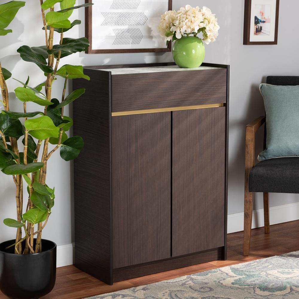 Walker Modern and Contemporary Dark Brown and Gold Finished Wood Shoe Cabinet with Faux Marble Top FredCo