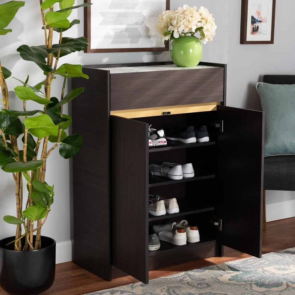 Walker Modern and Contemporary Dark Brown and Gold Finished Wood Shoe Cabinet with Faux Marble Top FredCo