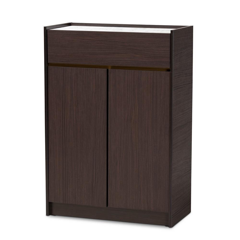 Walker Modern and Contemporary Dark Brown and Gold Finished Wood Shoe Cabinet with Faux Marble Top FredCo