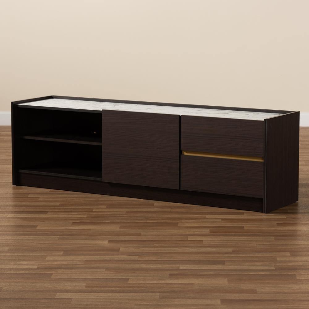 Walker Modern and Contemporary Dark Brown and Gold Finished Wood TV Stand with Faux Marble Top FredCo