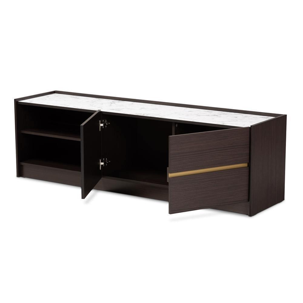 Walker Modern and Contemporary Dark Brown and Gold Finished Wood TV Stand with Faux Marble Top FredCo