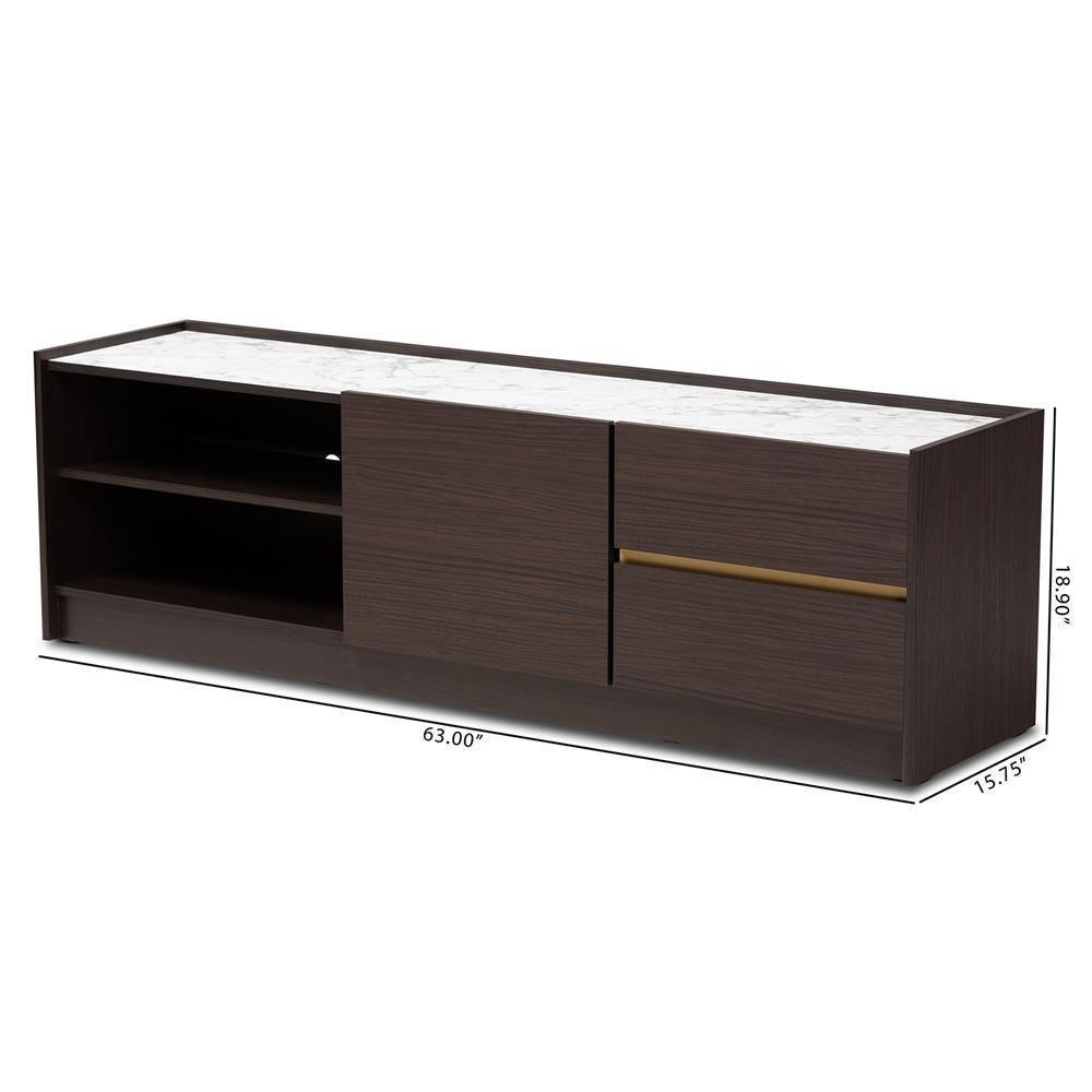 Walker Modern and Contemporary Dark Brown and Gold Finished Wood TV Stand with Faux Marble Top FredCo