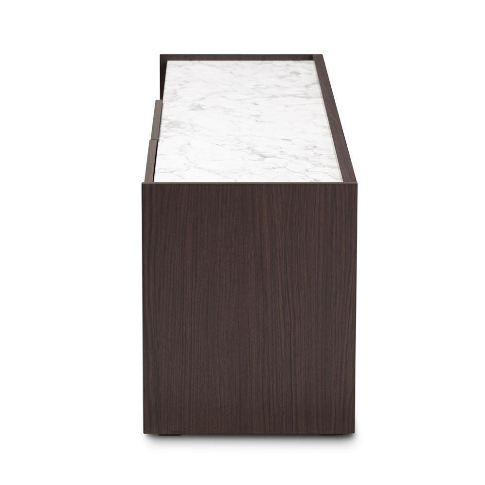 Walker Modern and Contemporary Dark Brown and Gold Finished Wood TV Stand with Faux Marble Top FredCo
