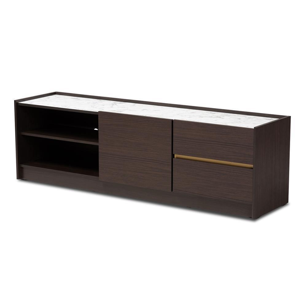 Walker Modern and Contemporary Dark Brown and Gold Finished Wood TV Stand with Faux Marble Top FredCo