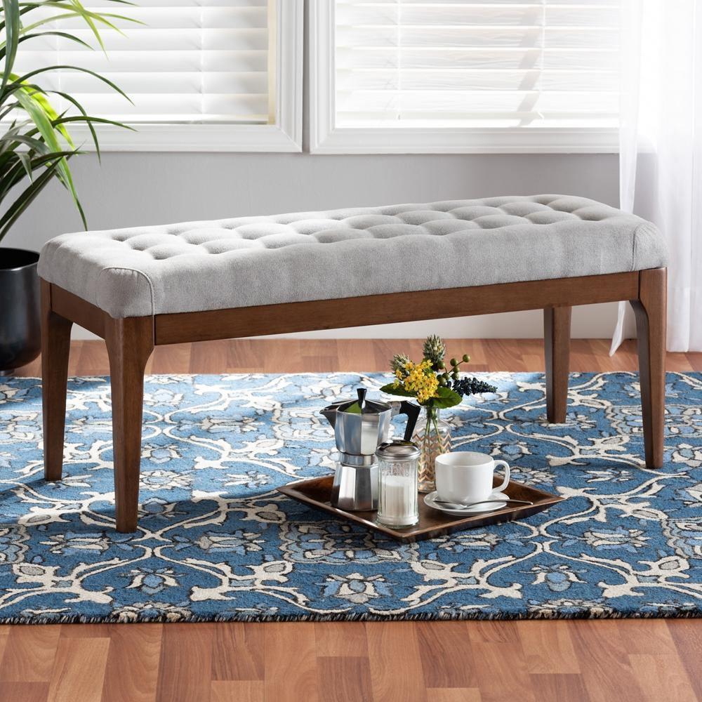 Walsh Mid-Century Modern Grey Fabric Upholstered and Walnut Brown Finished Wood Dining Bench FredCo