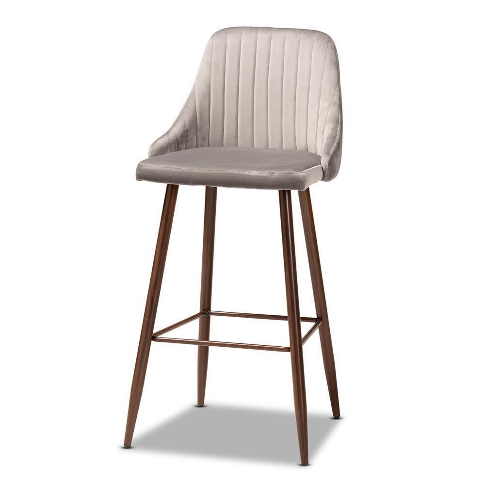 Walter Mid-Century Contemporary Grey Velvet Fabric Upholstered and Walnut Finished 4-Piece Bar Stool Set FredCo