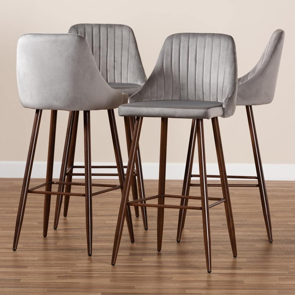 Walter Mid-Century Contemporary Grey Velvet Fabric Upholstered and Walnut Finished 4-Piece Bar Stool Set FredCo