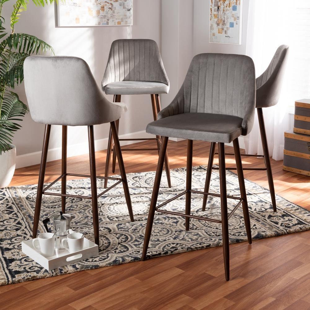 Walter Mid-Century Contemporary Grey Velvet Fabric Upholstered and Walnut Finished 4-Piece Bar Stool Set FredCo