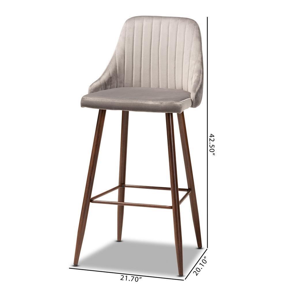 Walter Mid-Century Contemporary Grey Velvet Fabric Upholstered and Walnut Finished 4-Piece Bar Stool Set FredCo