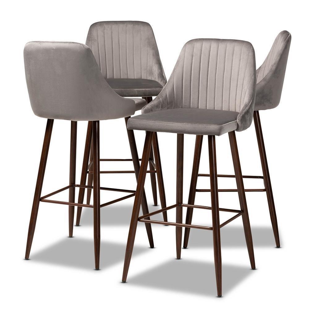 Walter Mid-Century Contemporary Grey Velvet Fabric Upholstered and Walnut Finished 4-Piece Bar Stool Set FredCo
