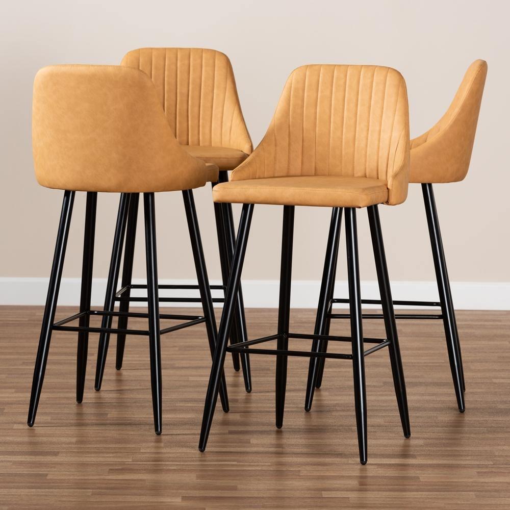 Walter Mid-Century Contemporary Tan Faux Leather Upholstered and Black Metal 4-Piece Bar Stool Set FredCo