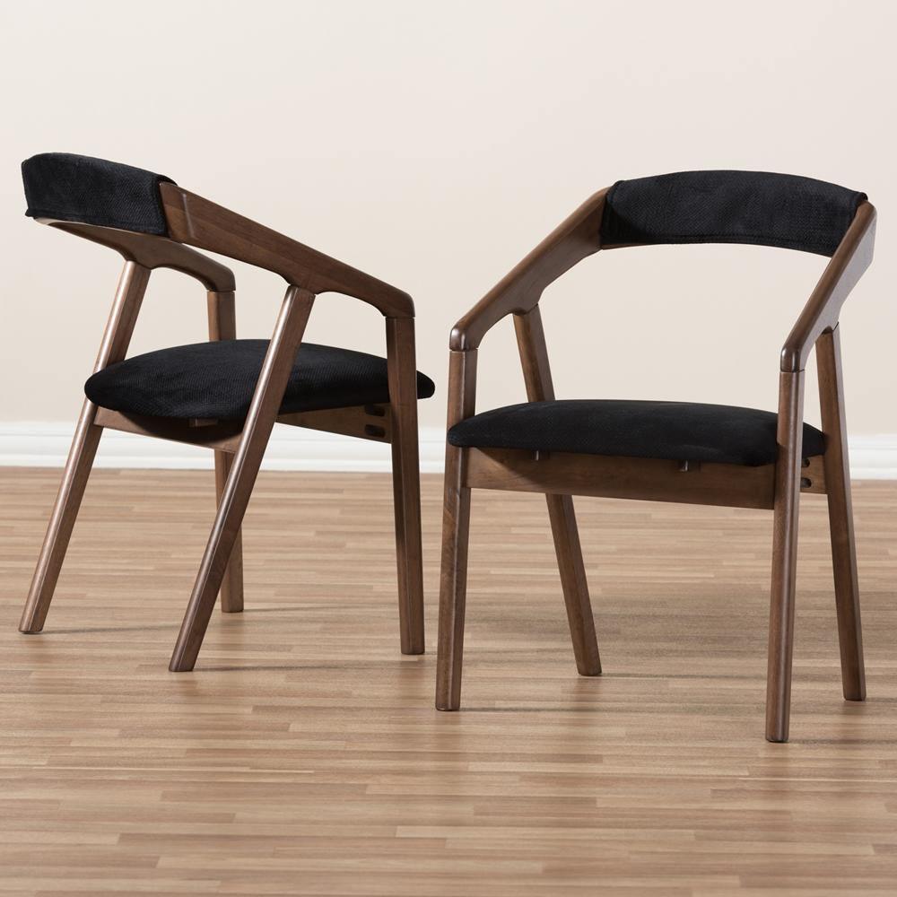 Wendy Mid-Century Modern Black Velvet and "Oak" Medium Brown Wood Finishing Dining Chair Set of 2 FredCo
