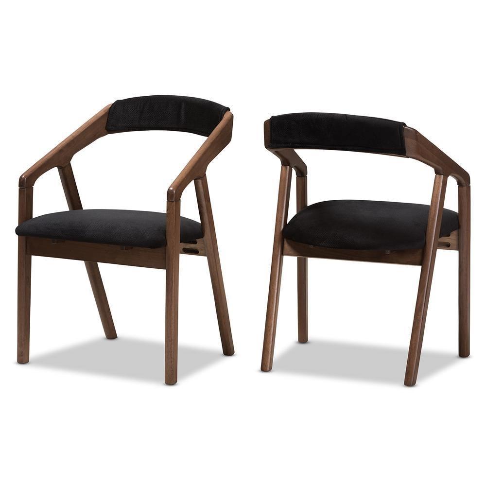 Wendy Mid-Century Modern Black Velvet and "Oak" Medium Brown Wood Finishing Dining Chair Set of 2 FredCo