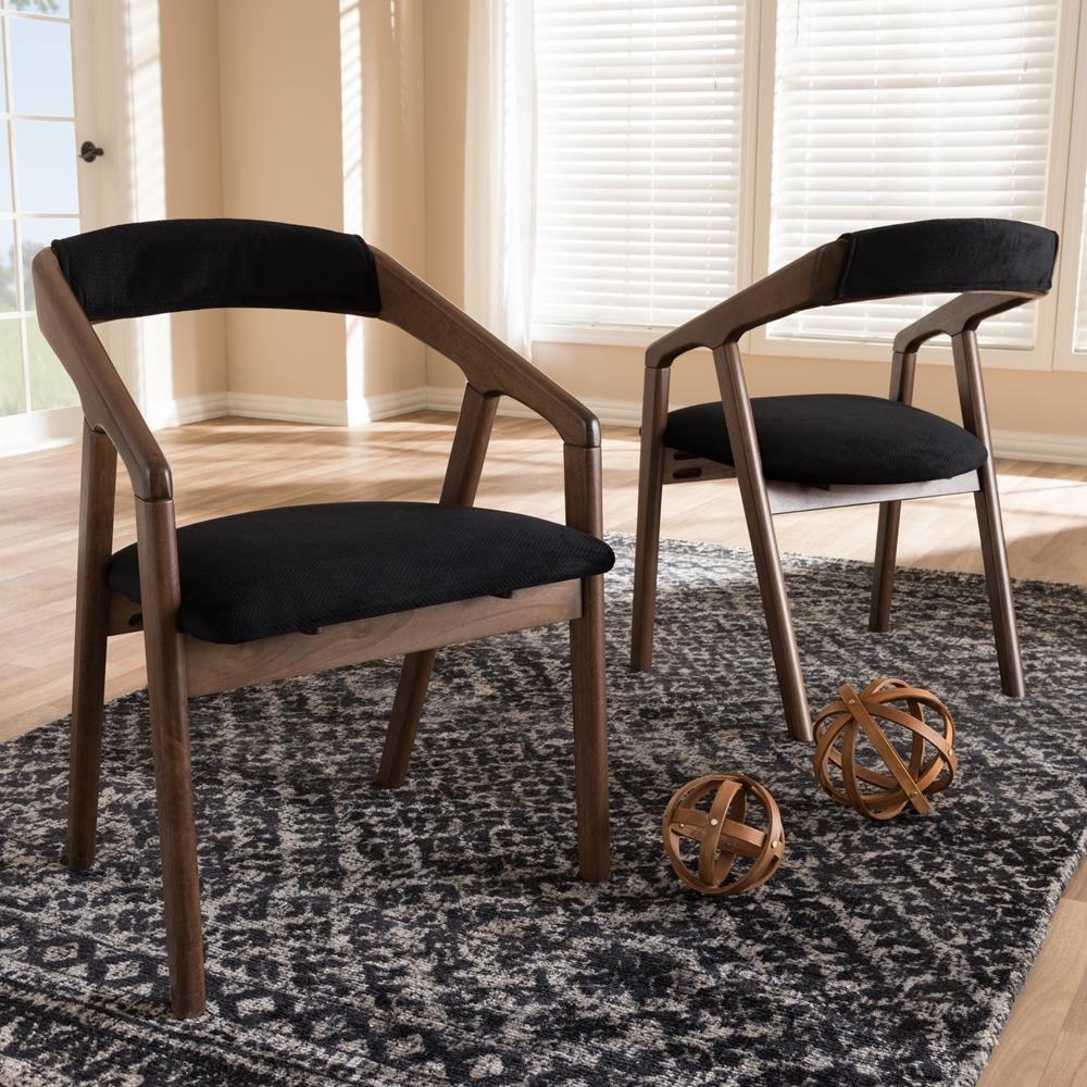 Wendy Mid-Century Modern Black Velvet and "Oak" Medium Brown Wood Finishing Dining Chair Set of 2 FredCo