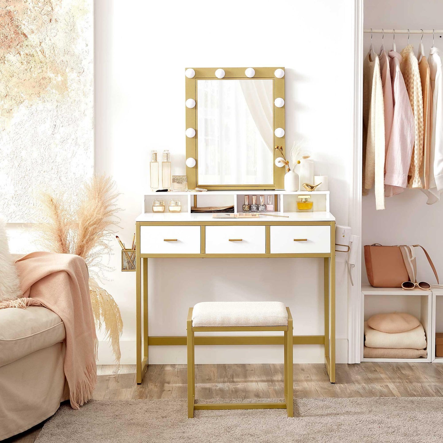 White & Gold Makeup Vanity Set with Mirror & Lights FredCo
