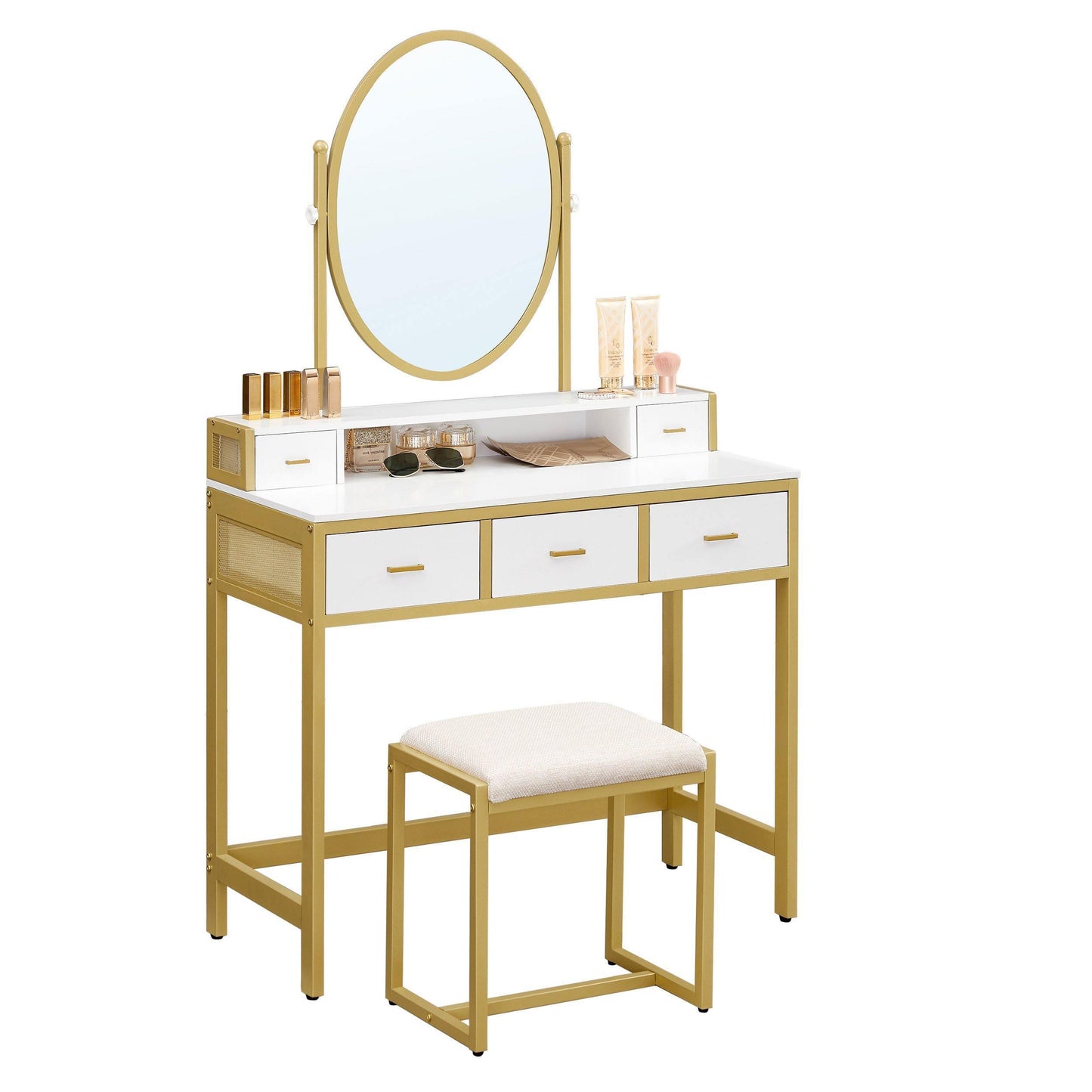 White & Gold Makeup Vanity Set with Oval Mirror FredCo