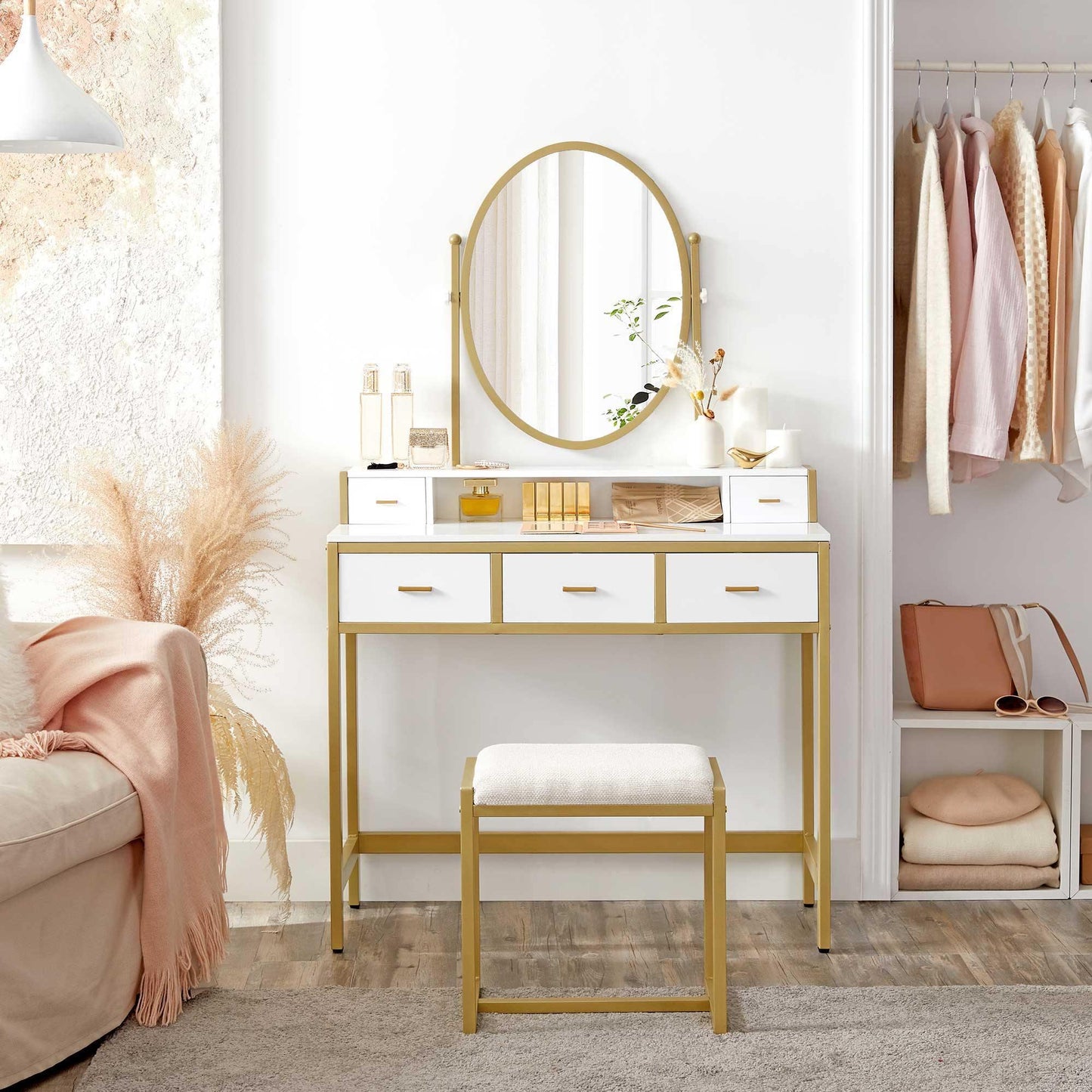 White & Gold Makeup Vanity Set with Oval Mirror FredCo