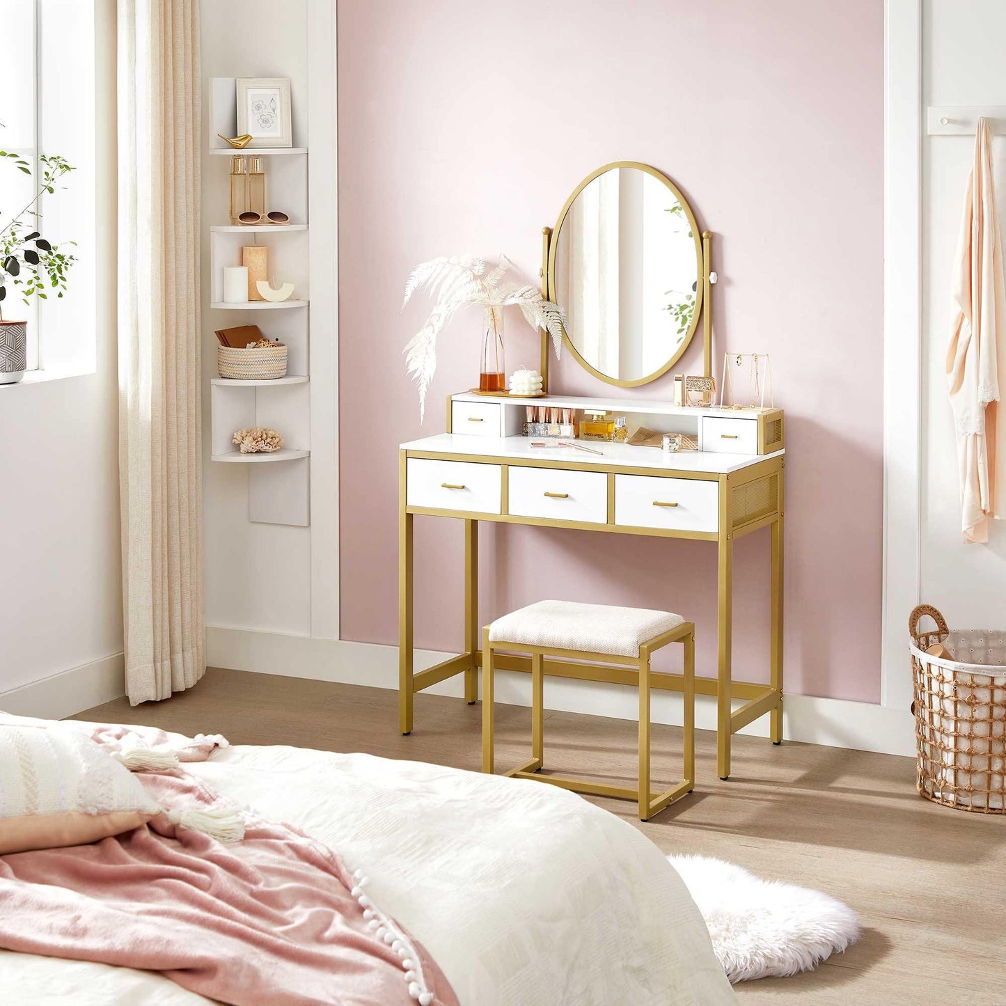 White & Gold Makeup Vanity Set with Oval Mirror FredCo
