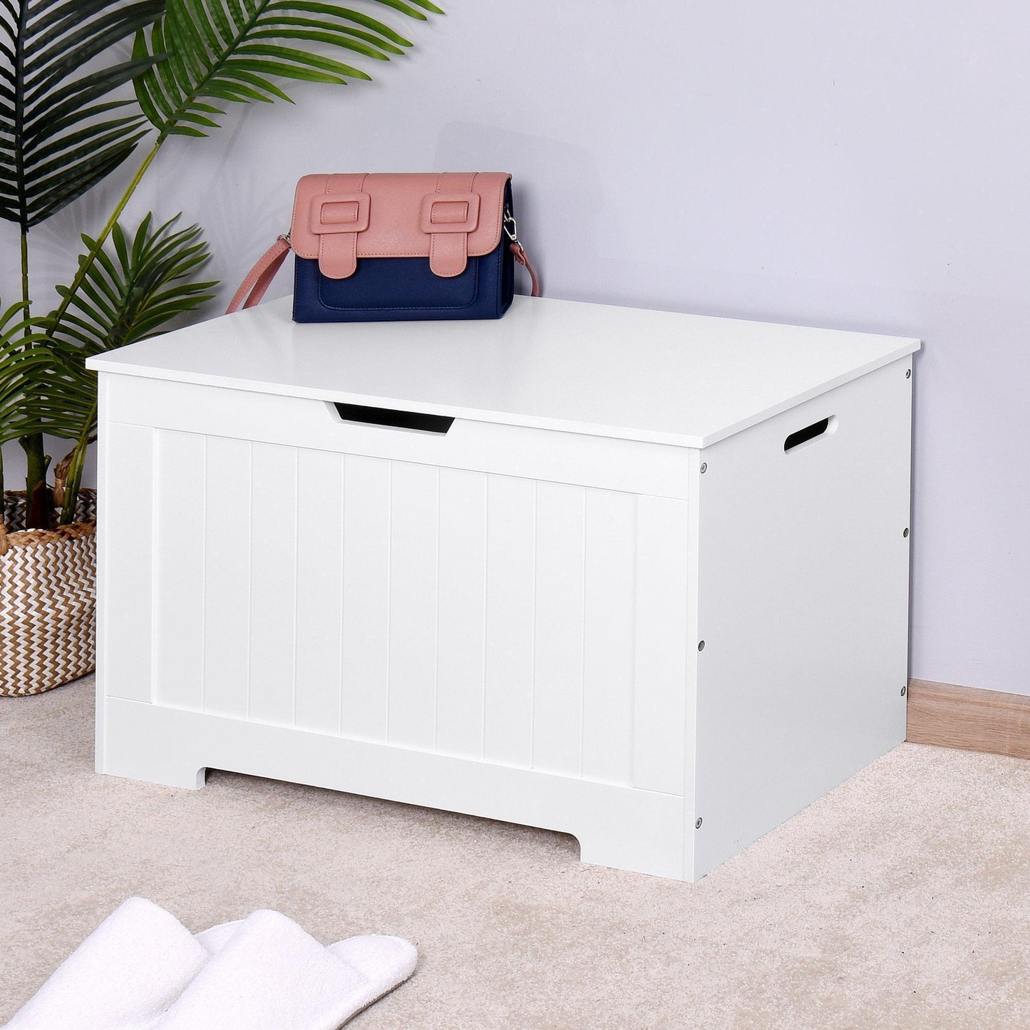White Lift Top Entryway Storage Cabinet with 2 Safety Hinge, Wooden Toy Box FredCo