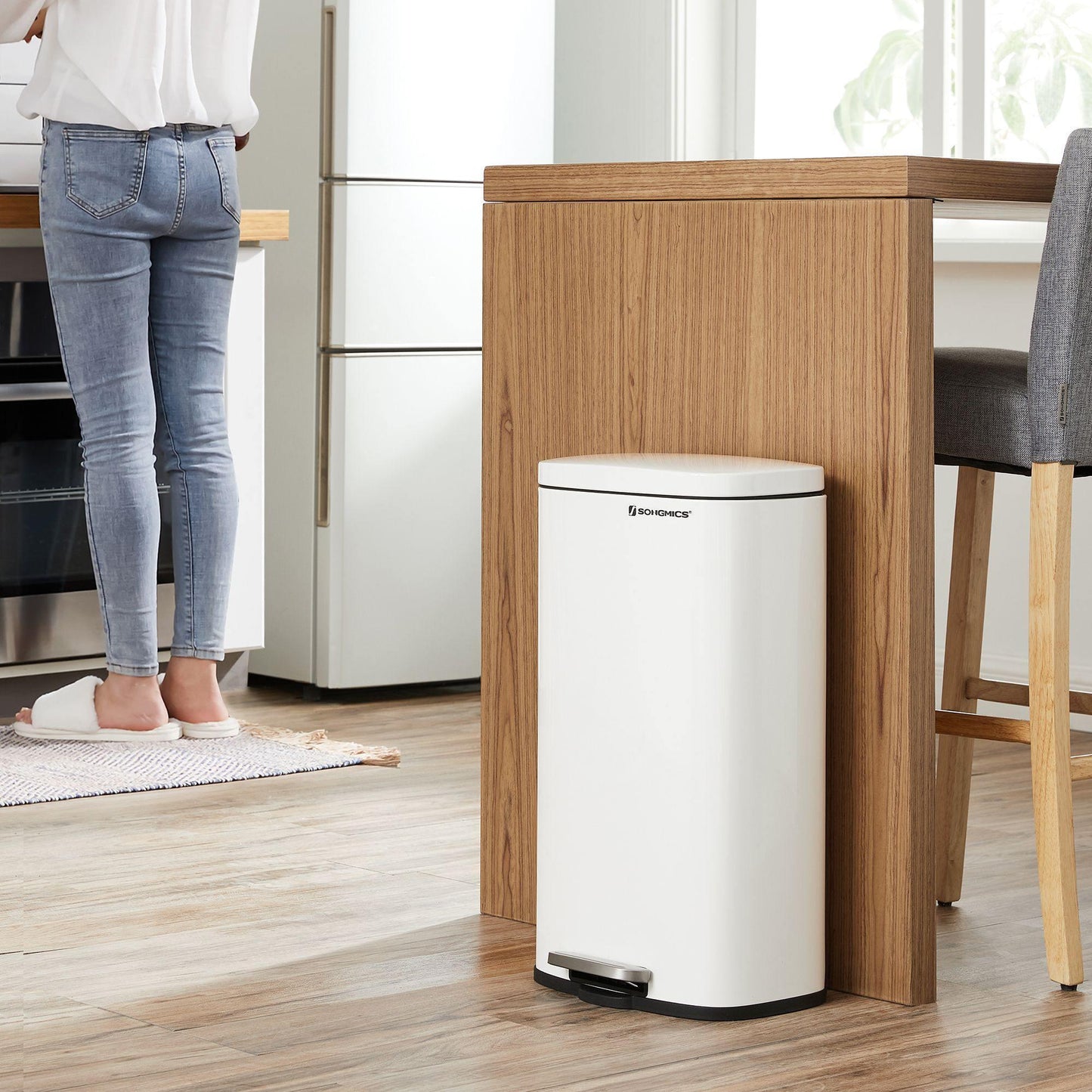 White Stainless Steel Step Trash Can with Hinged Lid FredCo