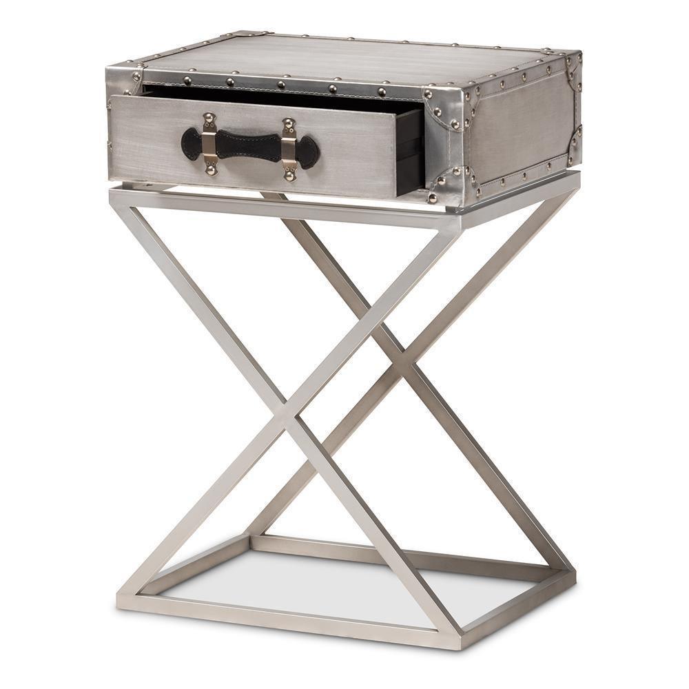 William Modern French Industrial Silver Metal 1-Drawer Nightstand FredCo