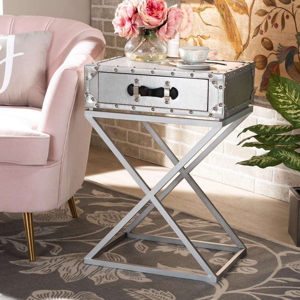 William Modern French Industrial Silver Metal 1-Drawer Nightstand FredCo