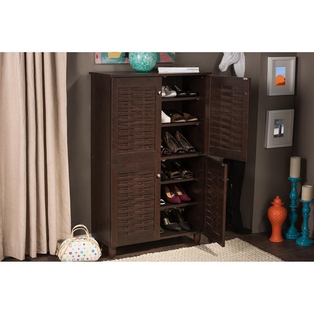 Winda Modern and Contemporary 4-Door Dark Brown Wooden Entryway Shoes Storage Cabinet FredCo