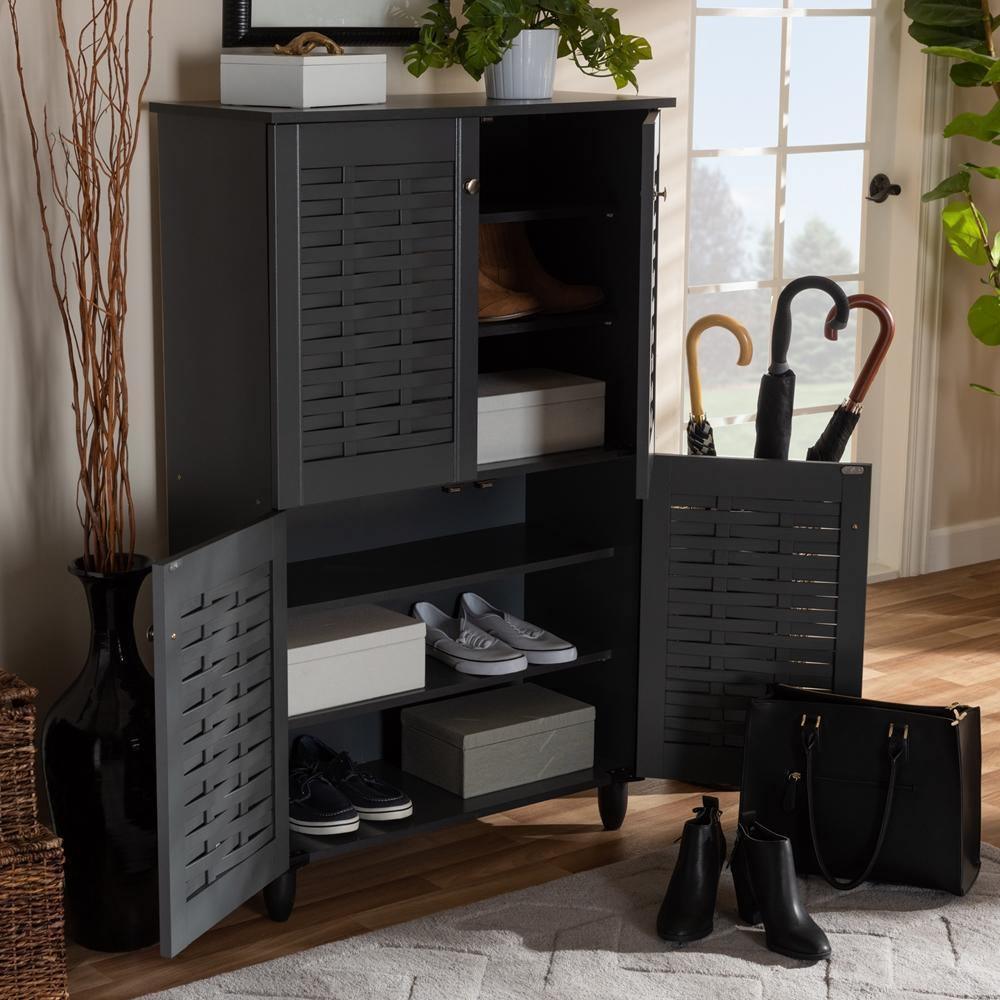 Winda Modern and Contemporary Dark Gray 4-Door Wooden Entryway Shoe Storage Cabinet FredCo