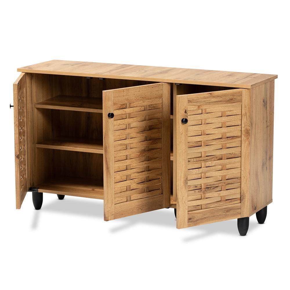 Winda Modern and Contemporary Oak Brown Finished Wood 3-Door Shoe Cabinet FredCo