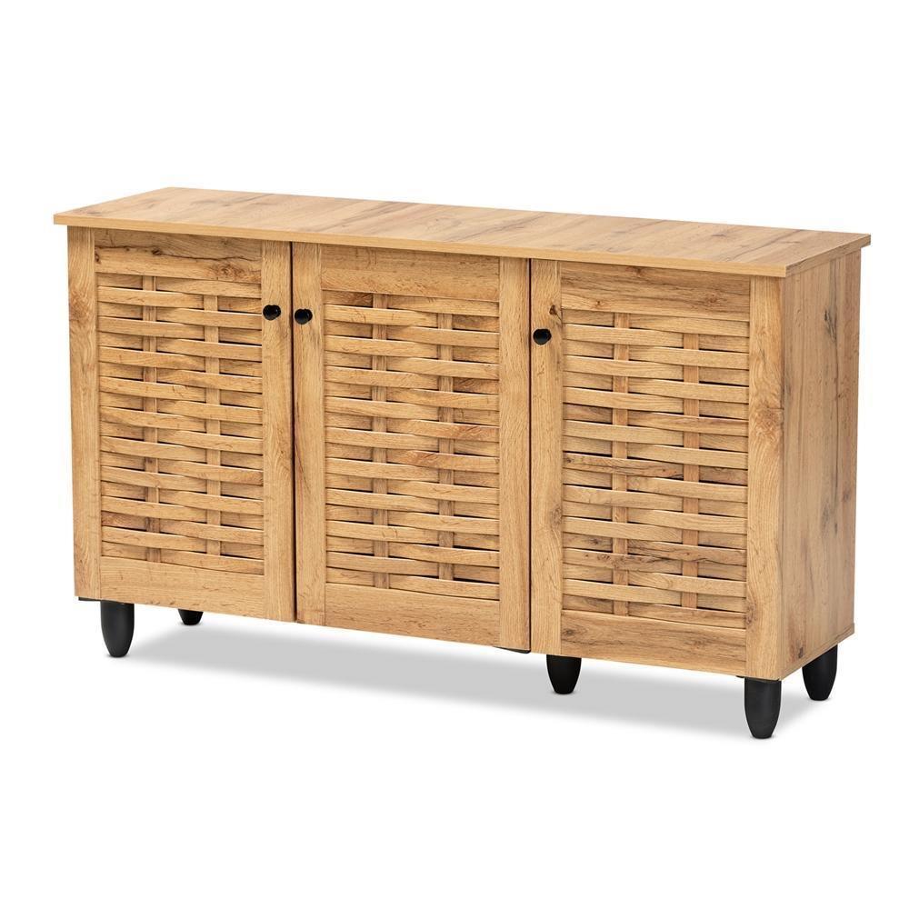 Winda Modern and Contemporary Oak Brown Finished Wood 3-Door Shoe Cabinet FredCo