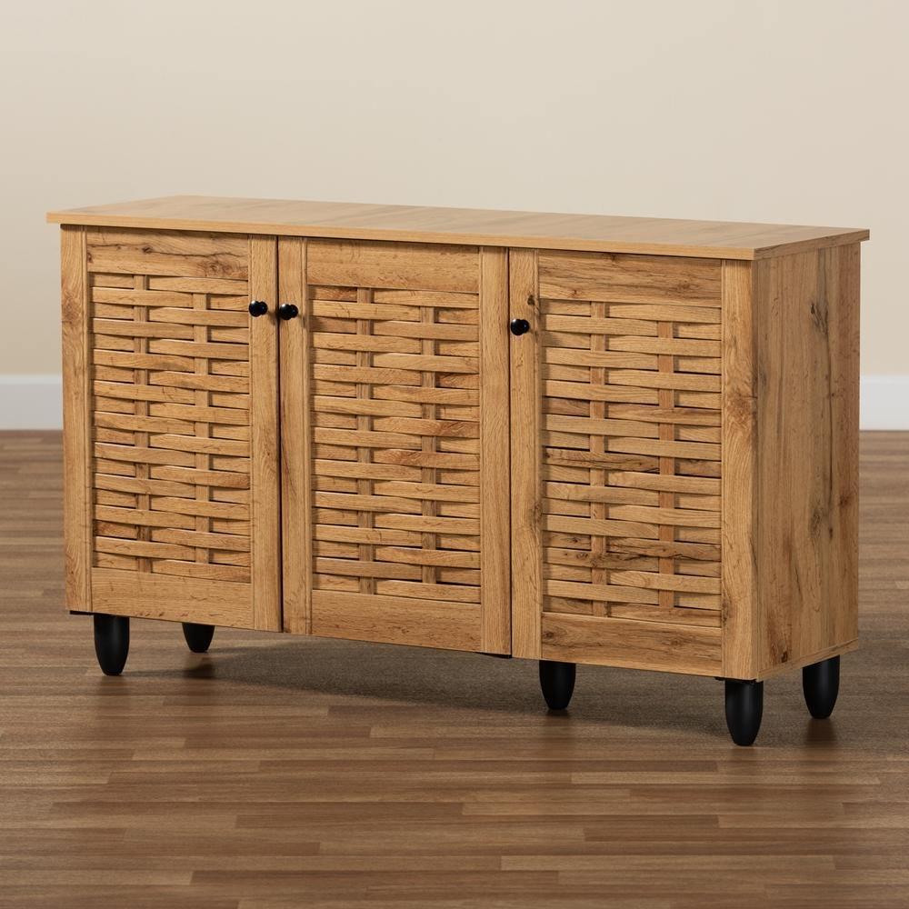 Winda Modern and Contemporary Oak Brown Finished Wood 3-Door Shoe Cabinet FredCo