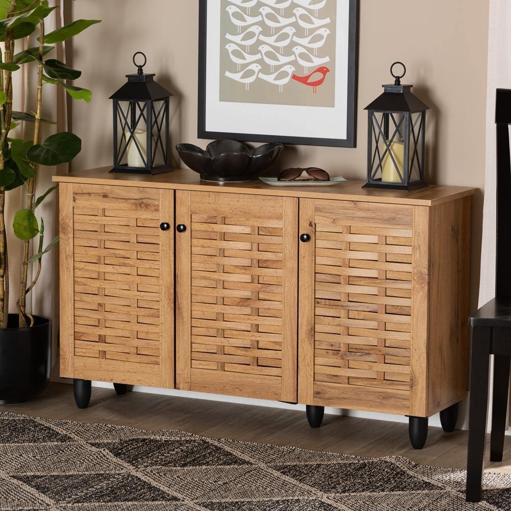 Winda Modern and Contemporary Oak Brown Finished Wood 3-Door Shoe Cabinet FredCo