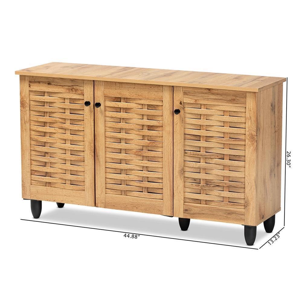 Winda Modern and Contemporary Oak Brown Finished Wood 3-Door Shoe Cabinet FredCo