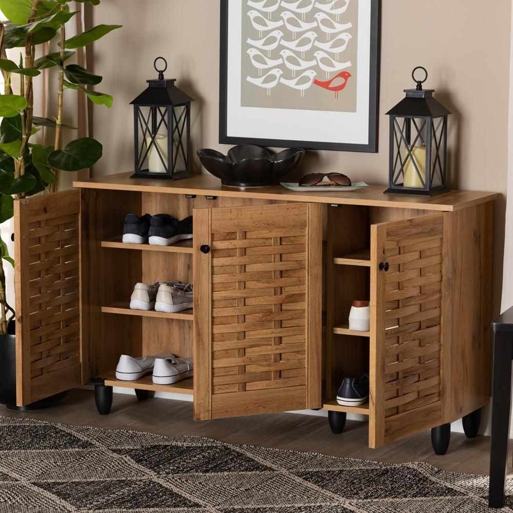 Winda Modern and Contemporary Oak Brown Finished Wood 3-Door Shoe Cabinet FredCo