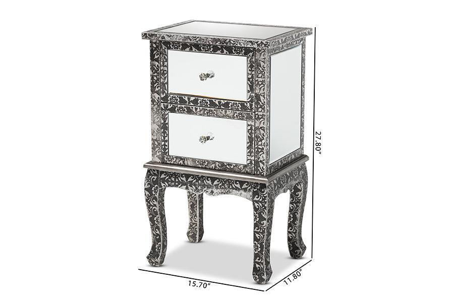 Wycliff Industrial Glam and Luxe Silver Finished Metal and Mirrored Glass 2-Drawer Nightstand FredCo