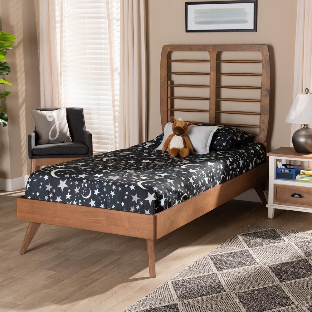 Yana Mid-Century Modern Walnut Brown Finished Wood Twin Size Platform Bed FredCo