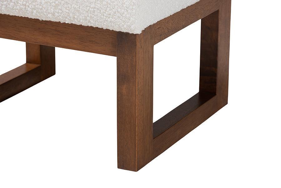 Yashiya Mid-Century Modern Off-White Boucle Upholstered and Walnut Brown Finished Wood Ottoman Footstool FredCo