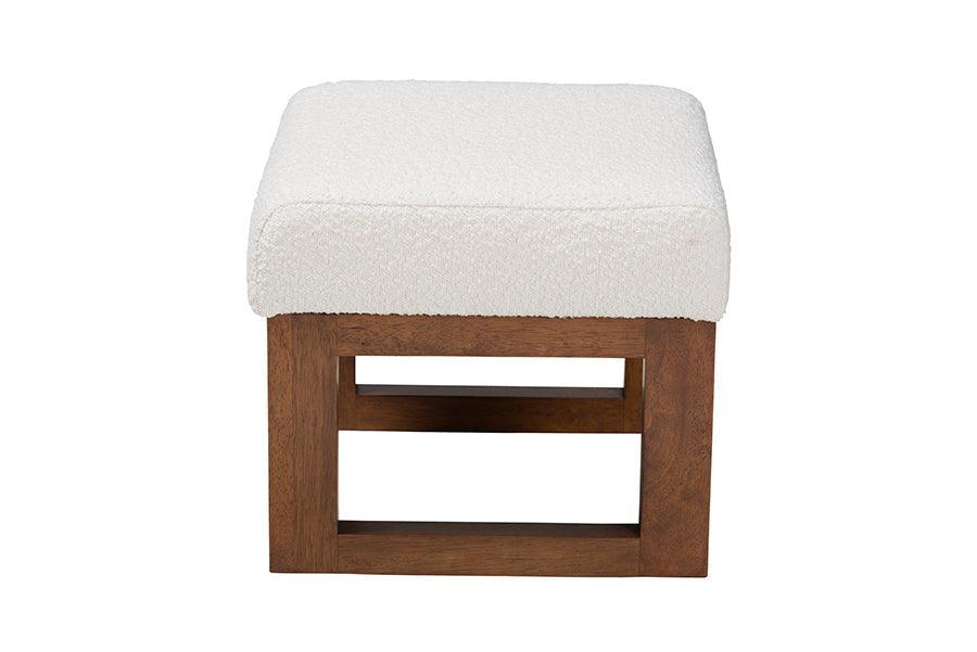 Yashiya Mid-Century Modern Off-White Boucle Upholstered and Walnut Brown Finished Wood Ottoman Footstool FredCo