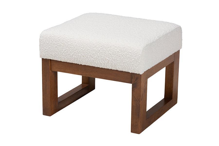 Yashiya Mid-Century Modern Off-White Boucle Upholstered and Walnut Brown Finished Wood Ottoman Footstool FredCo