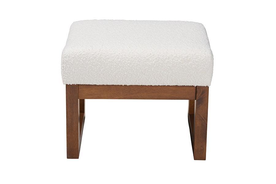 Yashiya Mid-Century Modern Off-White Boucle Upholstered and Walnut Brown Finished Wood Ottoman Footstool FredCo