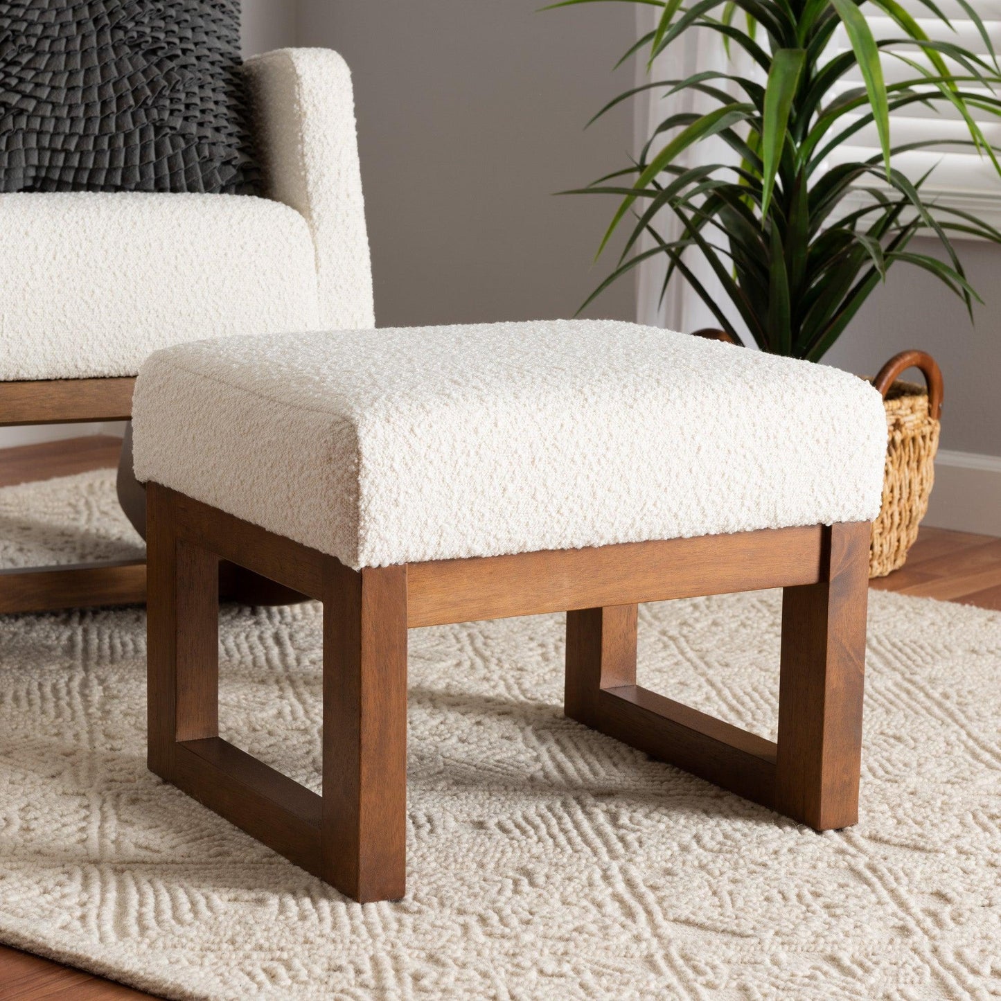 Yashiya Mid-Century Modern Off-White Boucle Upholstered and Walnut Brown Finished Wood Ottoman Footstool FredCo