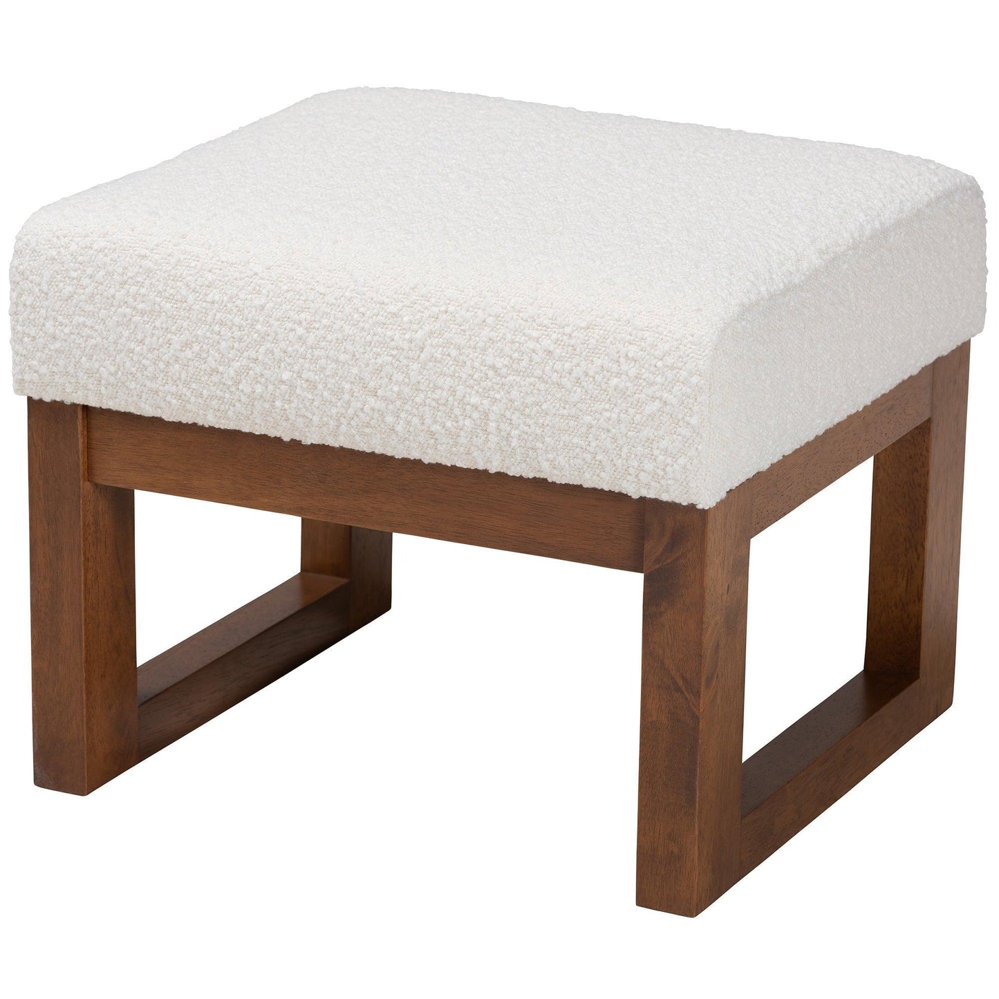 Yashiya Mid-Century Modern Off-White Boucle Upholstered and Walnut Brown Finished Wood Ottoman Footstool FredCo