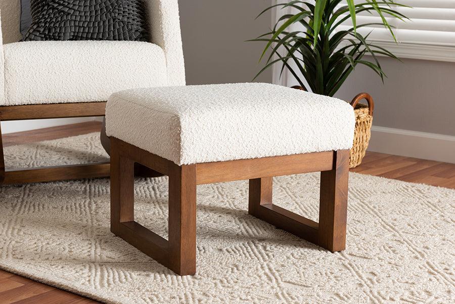 Yashiya Mid-Century Modern Off-White Boucle Upholstered and Walnut Brown Finished Wood Ottoman Footstool FredCo