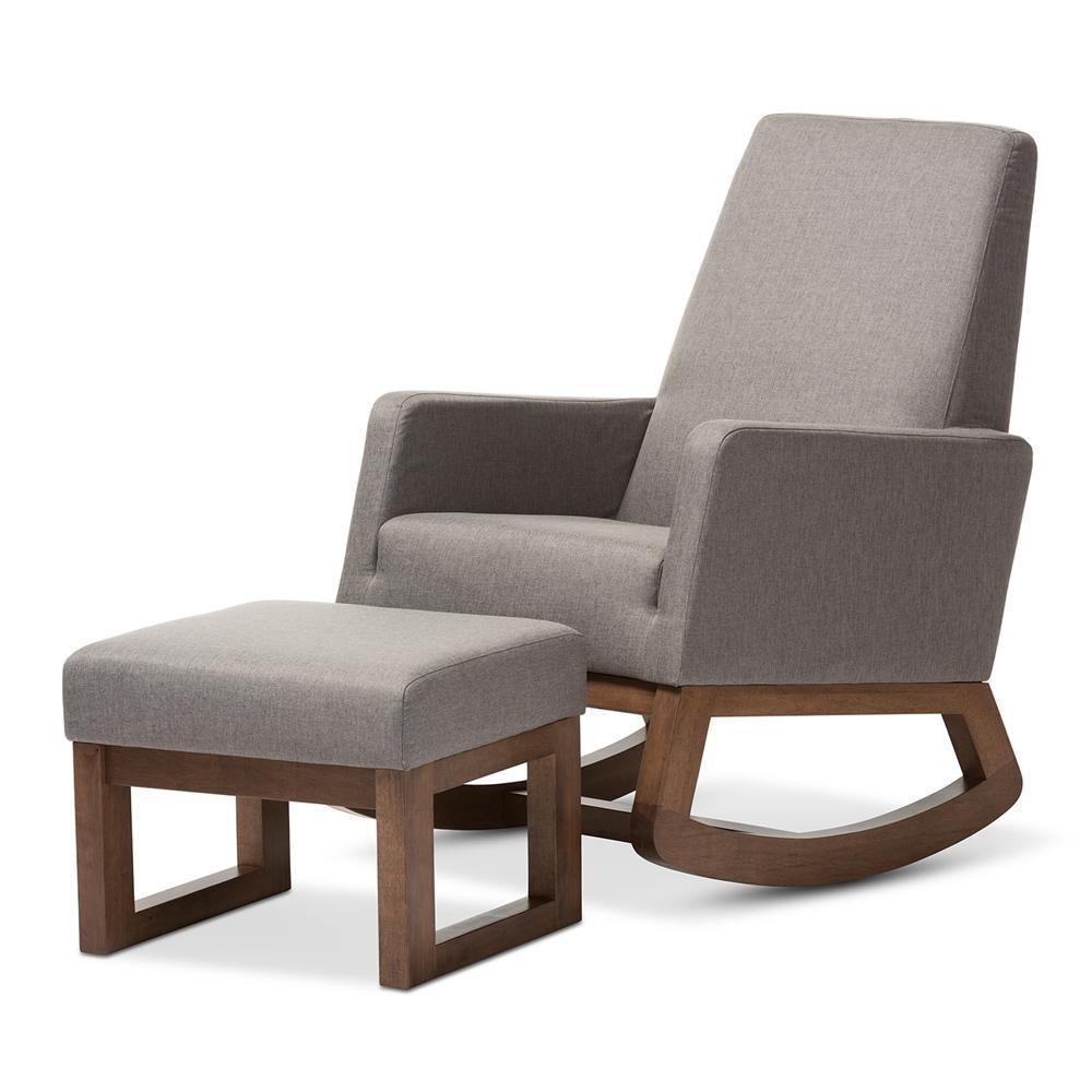 Yashiya Mid-century Retro Modern Grey Fabric Upholstered Rocking Chair and Ottoman Set FredCo